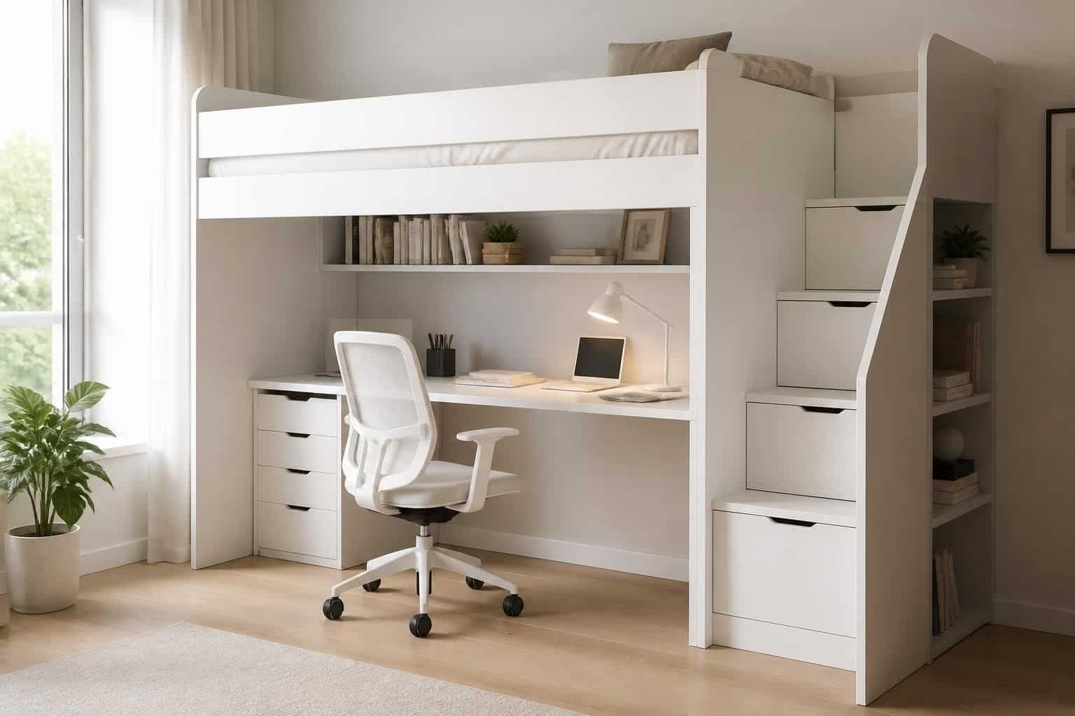 découvrez notre lit mezzanine blanc avec bureau intégré, idéal pour optimiser l'espace et allier confort et fonctionnalité dans votre chambre.